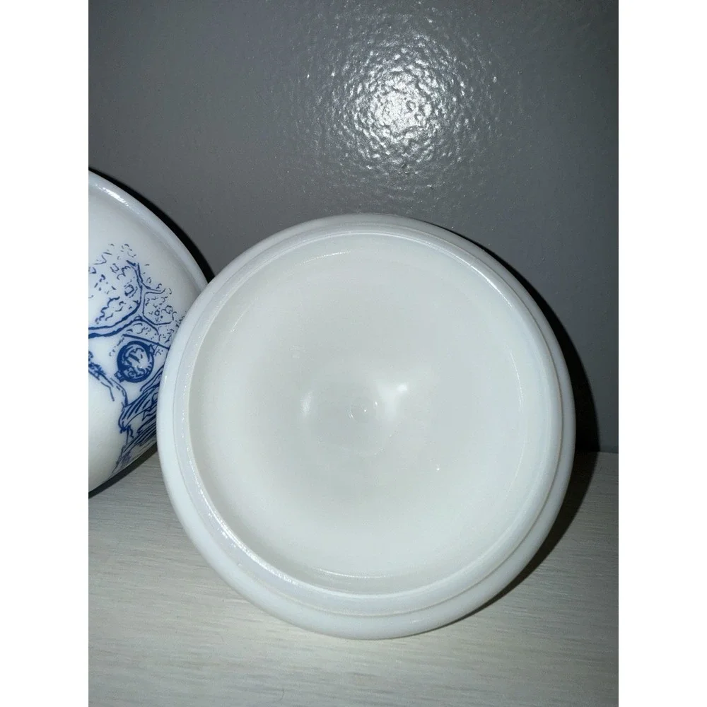 Vintage Milk Glass Lidded Footed Candy Dish Blue Asian Scene Made in Belgium